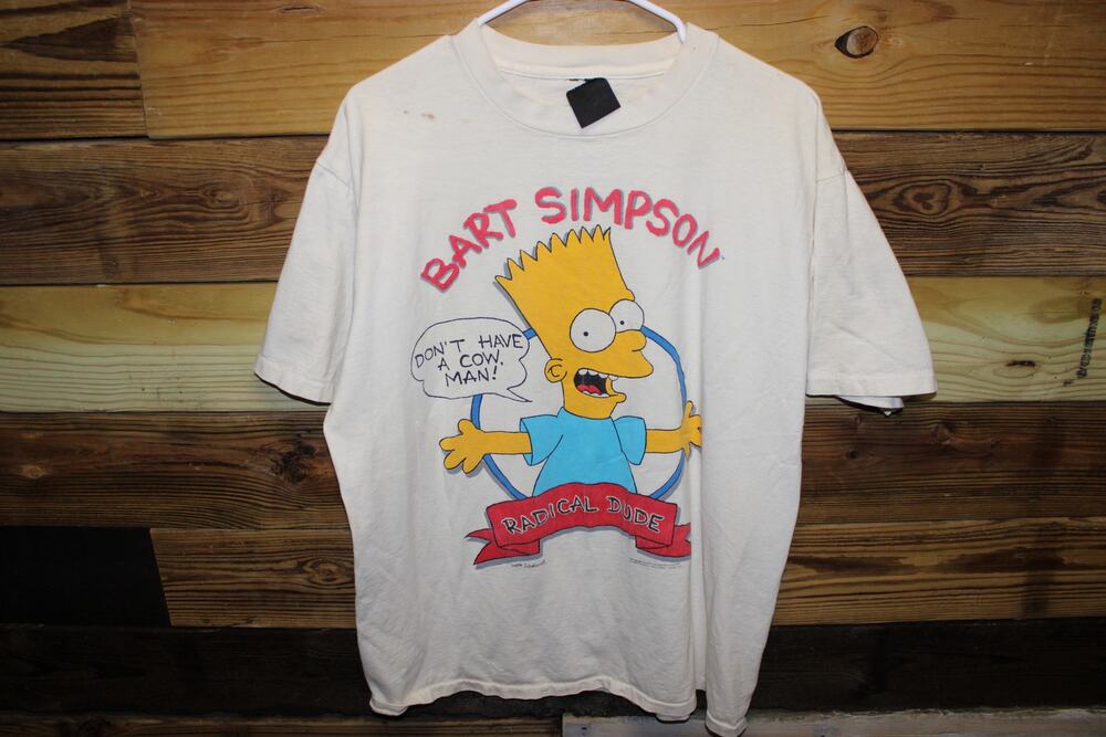 Vintage 1989 Bart Simpson "Don't Have A Cow Man" T-shirt White XL Spots on top
